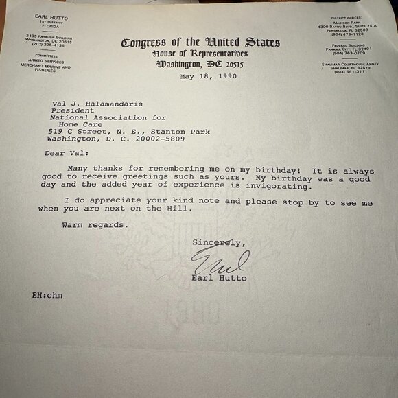 Earl Hutto Signed Autograph Letter 1990 – Congressman Florida 1st District - Picture 1 of 1